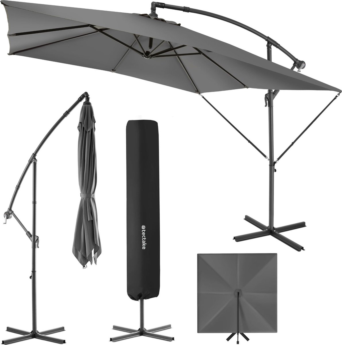 tectake® - Rechthoekige parasol met beschermhoes en zwengel - Zweefparasol - Waterafstotend - Zonwering voor terrassen, tuinen en patio's - Balkonparasol groot - Marktparasol - ⌀ 250 cm - Grijs (4061173256119)