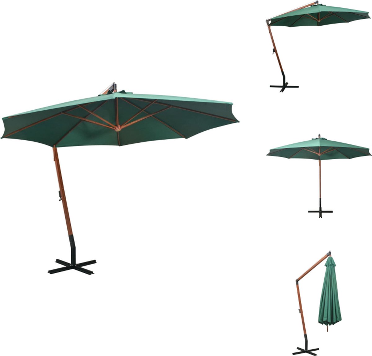 vidaXL Hangparasol - Hangparasols - Parasol - Parasols - Zweefparasol 350 cm houten paal groen (8721032982875)