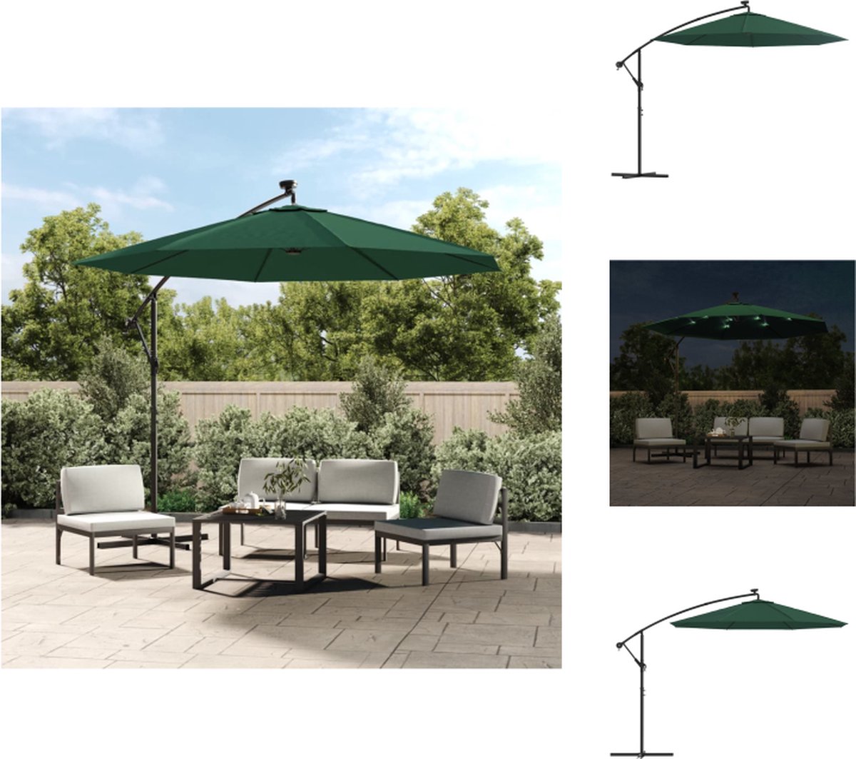 vidaXL Hangparasol - Hangparasols - Parasol - Parasols - Zweefparasol met LED-verlichting en metalen paal 300 cm groen (8721032999965)