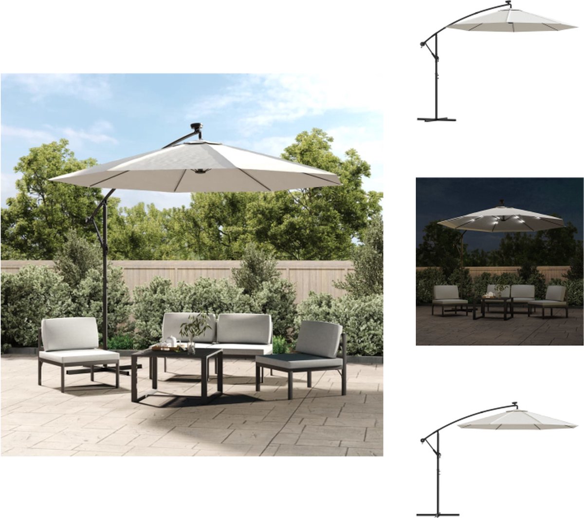 vidaXL Hangparasol - Hangparasols - Parasol - Parasols - Zweefparasol met LED-verlichting en metalen paal 300 cm zand (8721032974610)