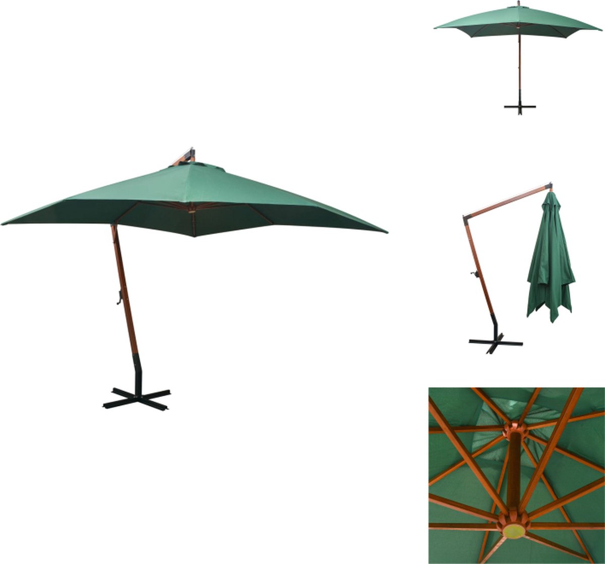 vidaXL Hangparasol - Hangparasols - Parasol - Parasols - Zweefparasol met houten paal 300x300 cm groen (8721032987566)