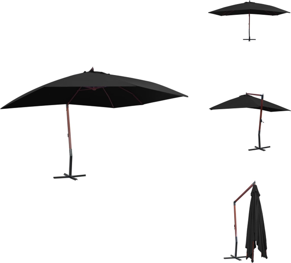 vidaXL Parasol - Parasols - Tuin Parasol - Tuin Parasols - Zweefparasol met houten paal 400x300 cm zwart (8721032991549)