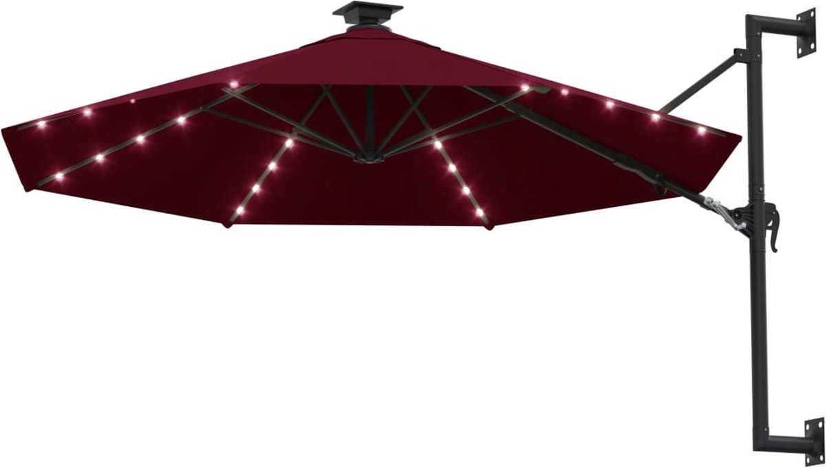 vidaXL Wandparasol met LED's 300 cm bordeauxrood Wandparasol - Tuinparasol - Zonwering - LED-lampen - Bordeaux Rood - Buitendecoratie - Terrasdecoratie (8104371473929)