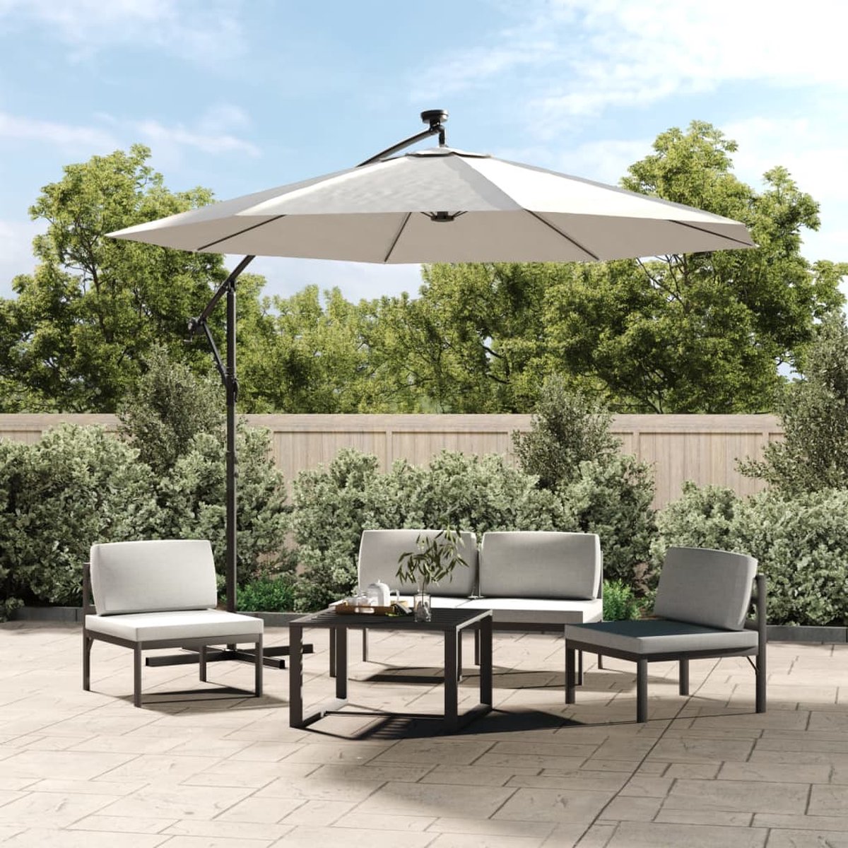 vidaXL Zweefparasol LED 300cm Zandkleurig Hangende Parasol - Tuingaren - Parasol Led - Zonnescherm - Buitenaanrecht - Patio Set - Veranda (8287568931959)