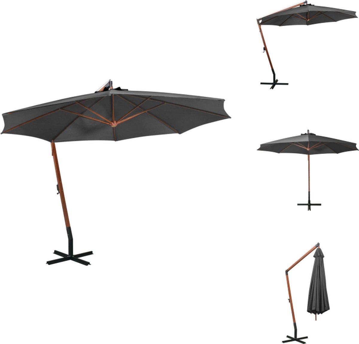 vidaXL Zweefparasol - Zweefparasols - Parasol - Houten Parasol - Zweefparasol met paal 3-5x2-9 m massief vurenhout antraciet (8721032998593)