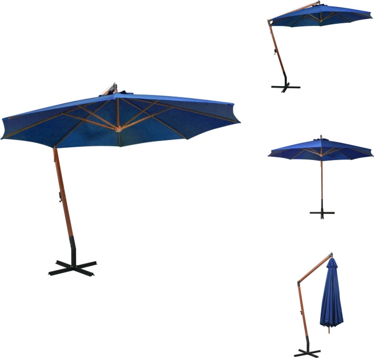 vidaXL Zweefparasol - Zweefparasols - Parasol - Houten Parasol - Zweefparasol met paal 3-5x2-9 m massief vurenhout azuurblauw (8721032978373)