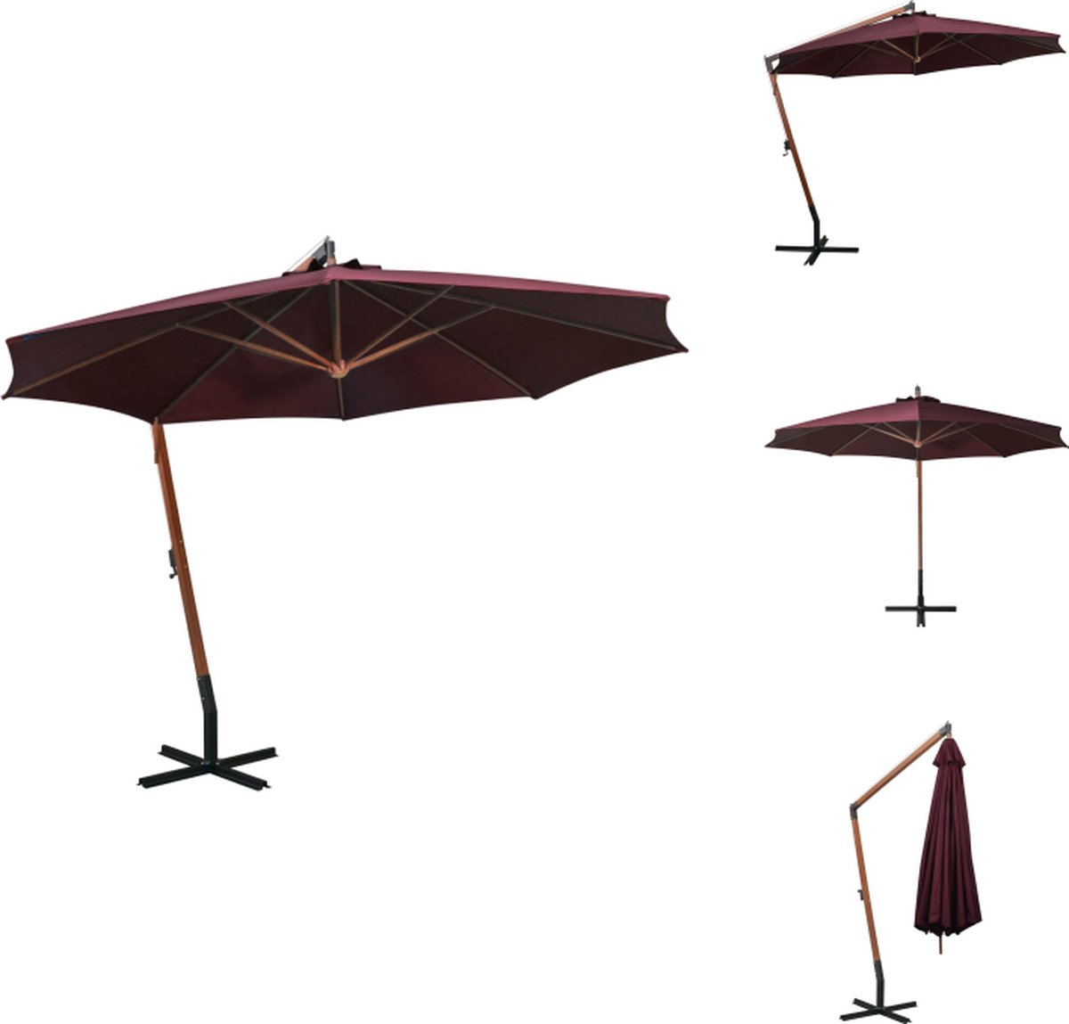 vidaXL Zweefparasol - Zweefparasols - Parasol - Houten Parasol - Zweefparasol met paal 3-5x2-9 m massief vurenhout bordeauxrood (8721032988112)