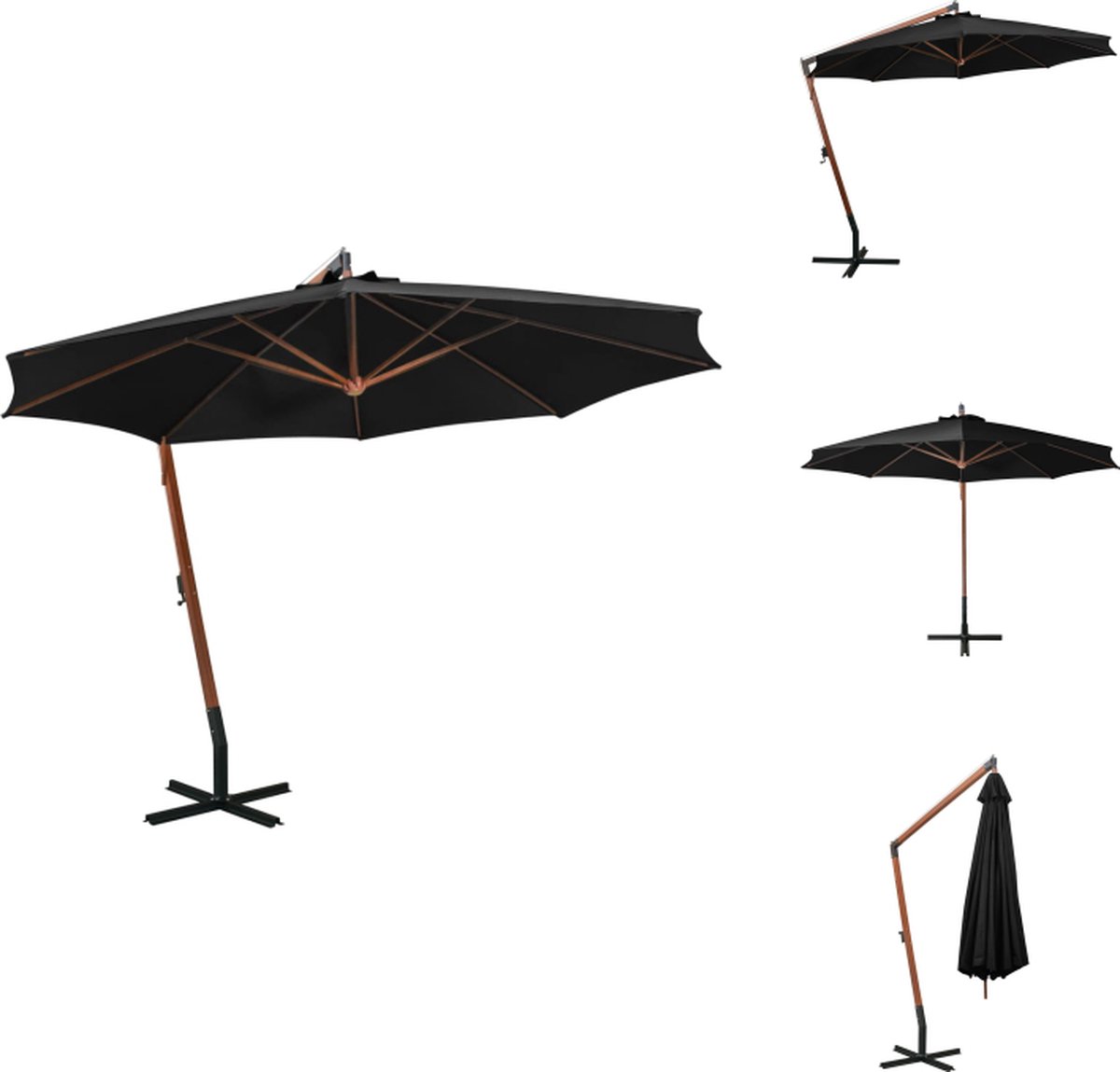 vidaXL Zweefparasol - Zweefparasols - Parasol - Houten Parasol - Zweefparasol met paal 3-5x2-9 m massief vurenhout zwart (8721032983841)