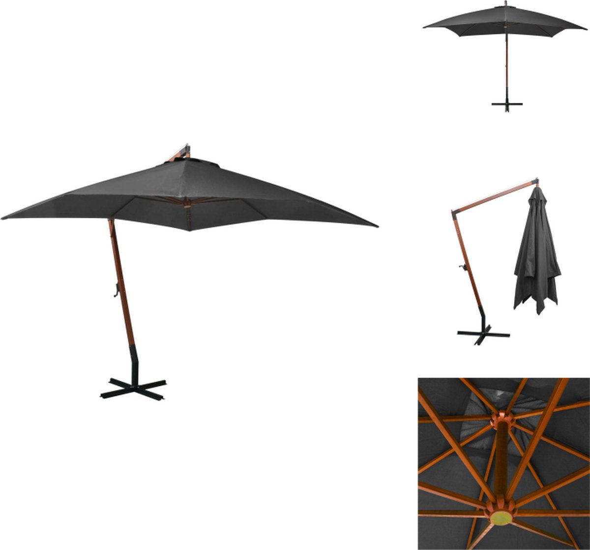 vidaXL Zweefparasol - Zweefparasols - Parasol - Houten Parasol - Zweefparasol met paal 3x3 m massief vurenhout antracietkleurig (8721032994618)