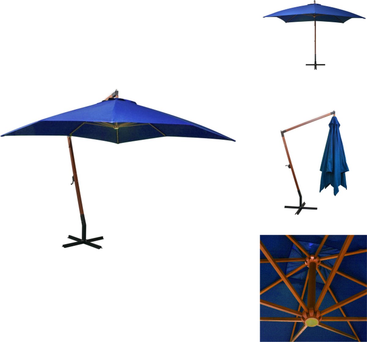 vidaXL Zweefparasol - Zweefparasols - Parasol - Houten Parasol - Zweefparasol met paal 3x3 m massief vurenhout azuurblauw (8721032988105)