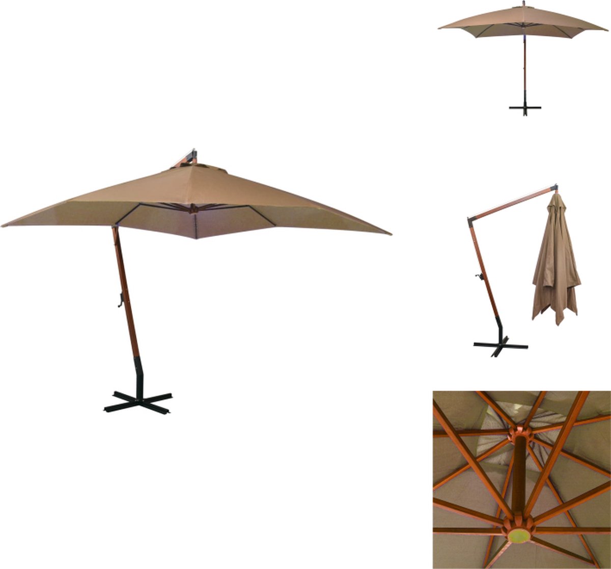 vidaXL Zweefparasol - Zweefparasols - Parasol - Houten Parasol - Zweefparasol met paal 3x3 m massief vurenhout taupe (8721096023156)