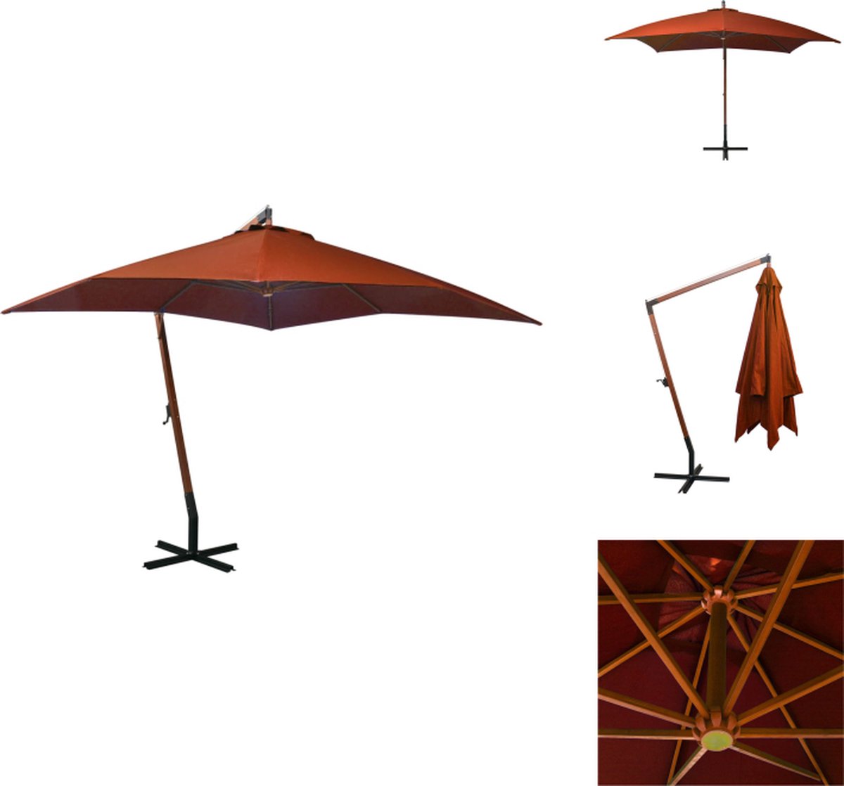 vidaXL Zweefparasol - Zweefparasols - Parasol - Houten Parasol - Zweefparasol met paal 3x3 m massief vurenhout terracotta (8721096023217)