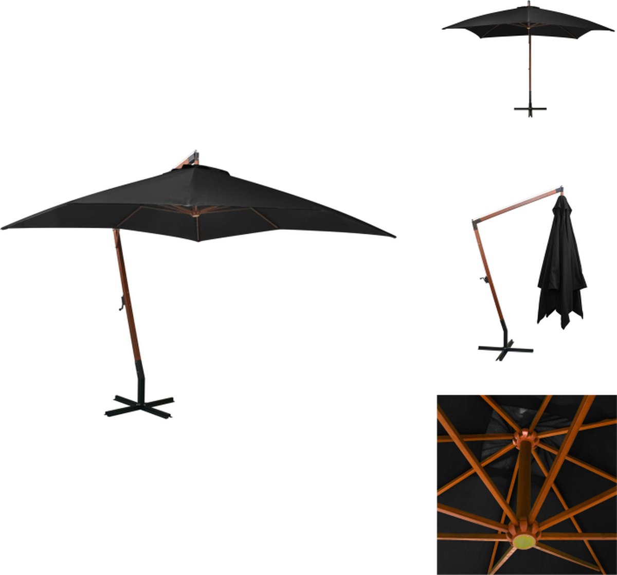 vidaXL Zweefparasol - Zweefparasols - Parasol - Houten Parasol - Zweefparasol met paal 3x3 m massief vurenhout zwart (8721032975884)