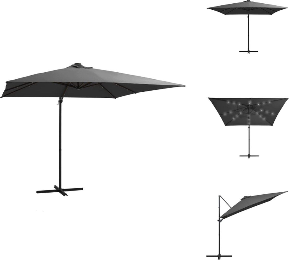 vidaXL Zweefparasol - Zweefparasols - Parasol - Tuinparasol - Zweefparasol met LED-verlichting en paal 250x250 cm antraciet (8721032977352)