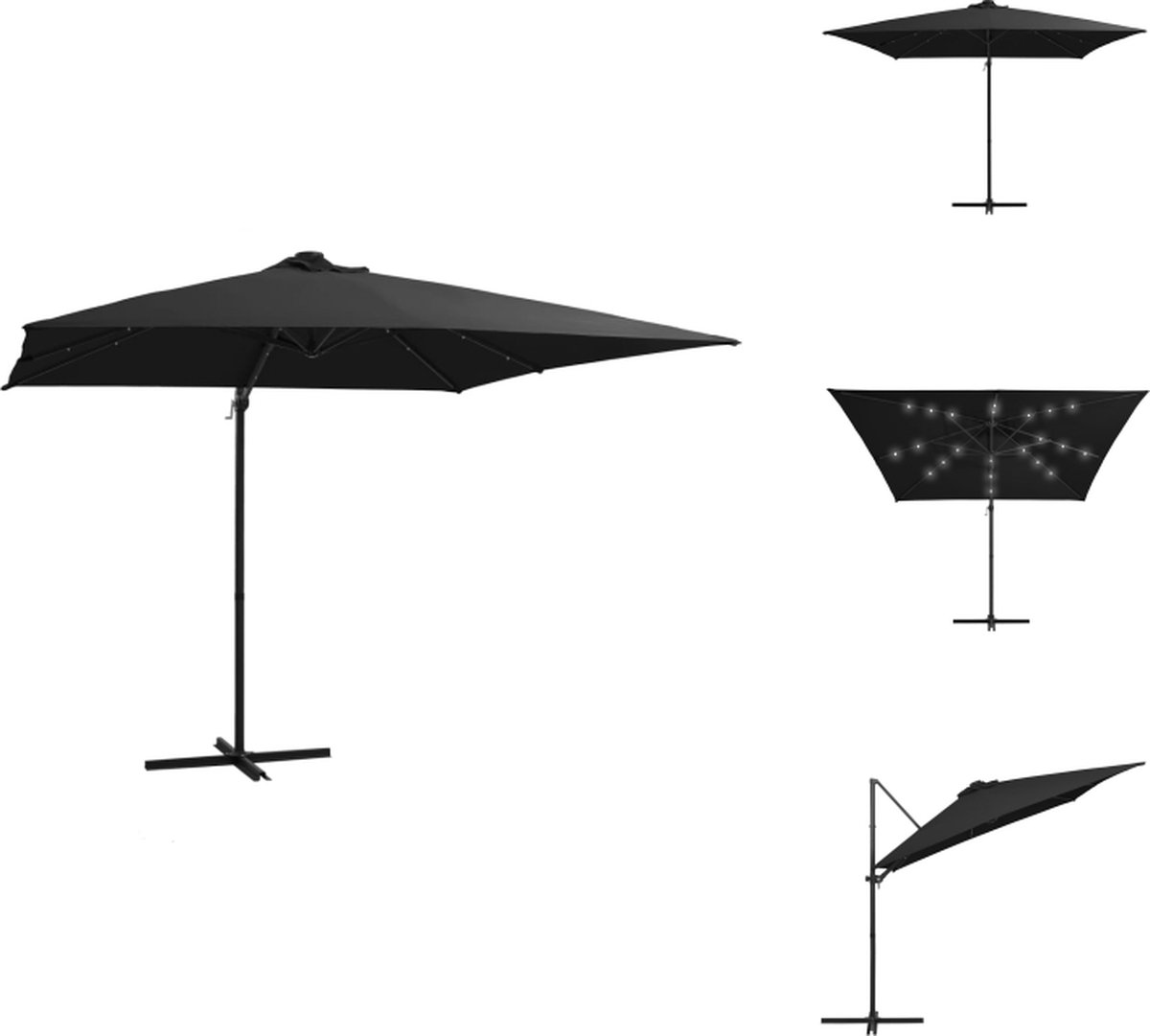 vidaXL Zweefparasol - Zweefparasols - Parasol - Tuinparasol - Zweefparasol met LED-verlichting stalen paal 250x250 cm zwart (8721032978816)