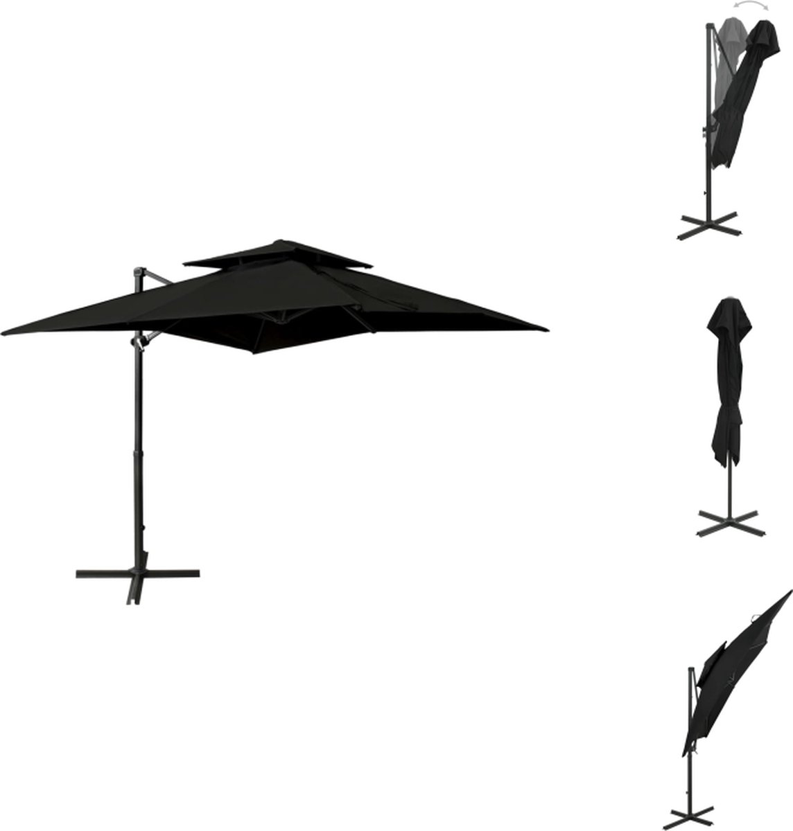 vidaXL Zweefparasol - Zweefparasols - Parasol - Tuinparasol - Zweefparasol met dubbel dak 250x250 cm zwart (8721032976140)