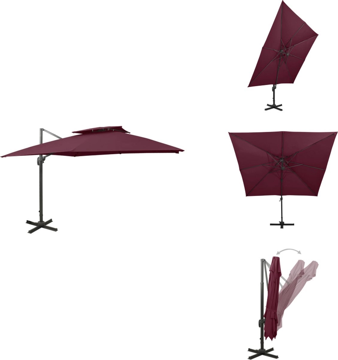 vidaXL Zweefparasol - Zweefparasols - Parasol - Tuinparasol - Zweefparasol met dubbel dak 300x300 cm bordeauxrood (8721032980741)