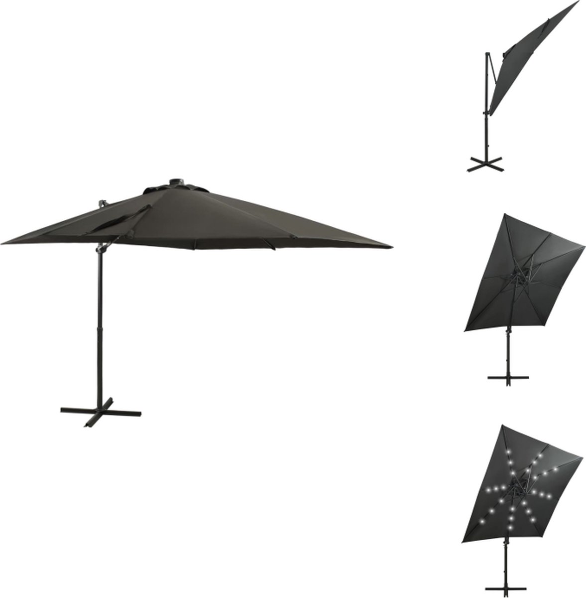 vidaXL Zweefparasol - Zweefparasols - Parasol - Tuinparasol - Zweefparasol met paal en LED-verlichting 250 cm antracietkleur (8721032985692)