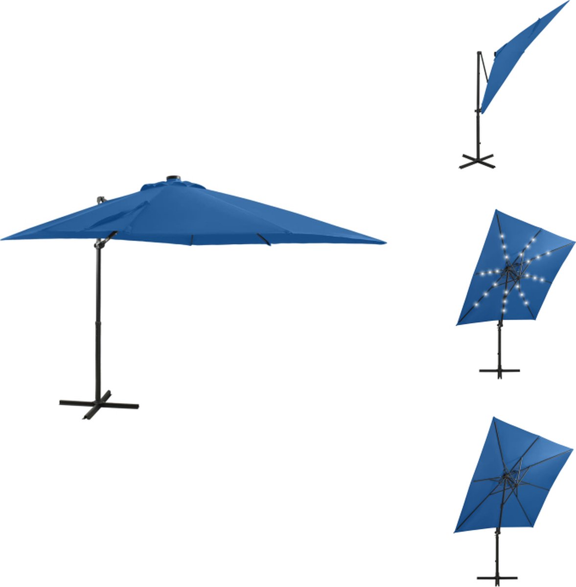 vidaXL Zweefparasol - Zweefparasols - Parasol - Tuinparasol - Zweefparasol met paal en LED-verlichting 250 cm azuurblauw (8721096023187)