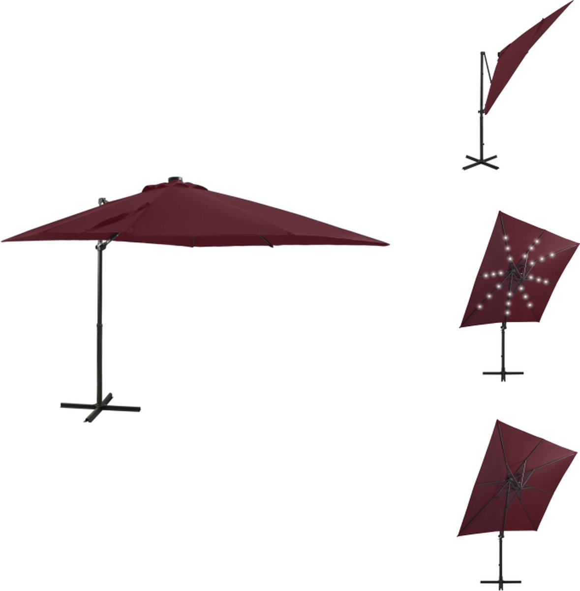 vidaXL Zweefparasol - Zweefparasols - Parasol - Tuinparasol - Zweefparasol met paal en LED-verlichting 250 cm bordeauxrood (8721032992195)