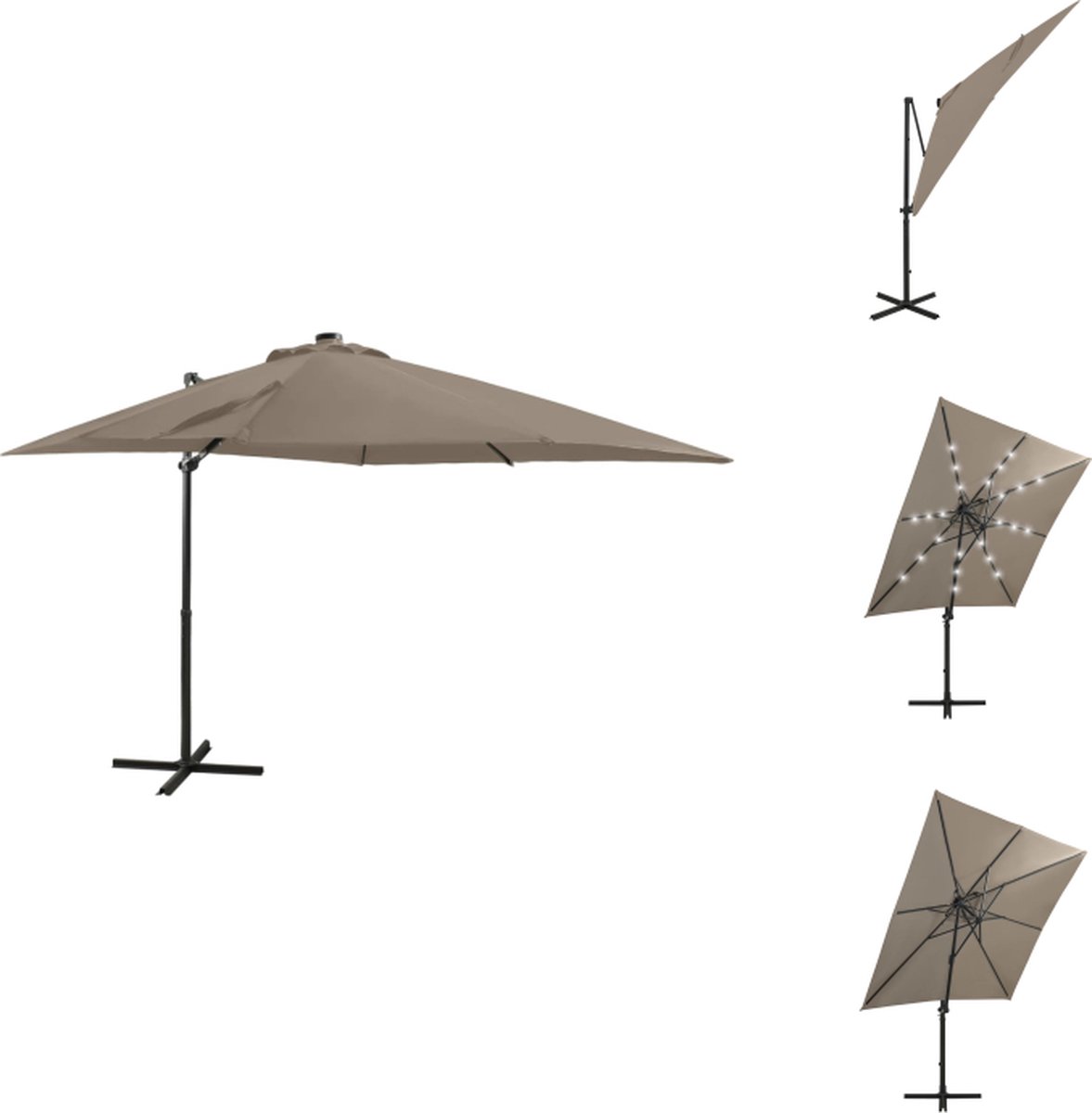 vidaXL Zweefparasol - Zweefparasols - Parasol - Tuinparasol - Zweefparasol met paal en LED-verlichting 250 cm taupe (8721032976201)