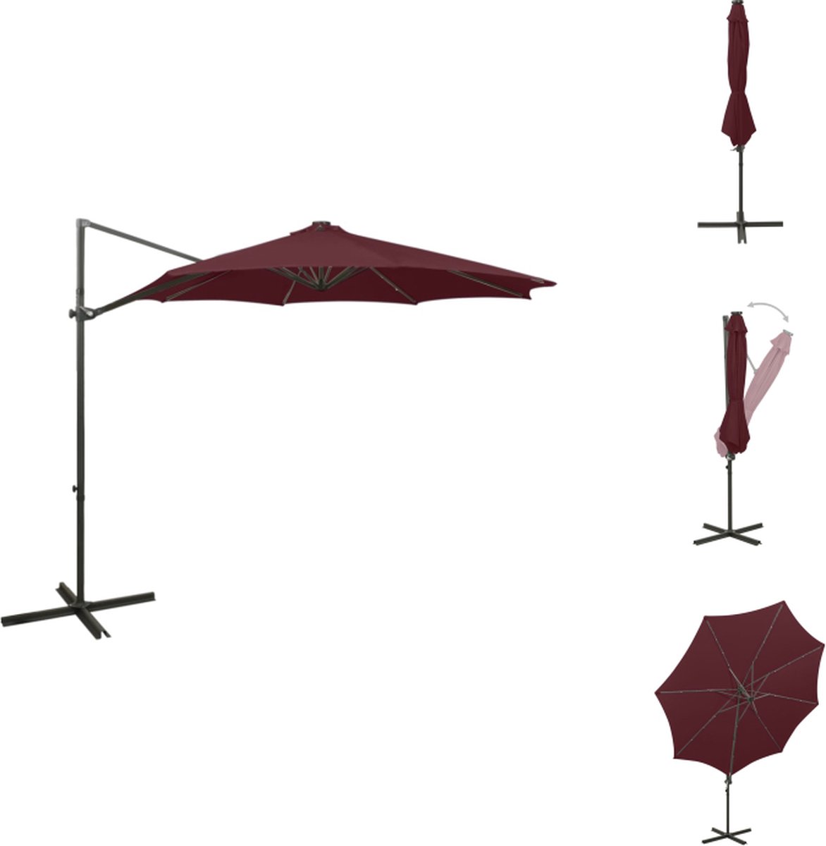 vidaXL Zweefparasol - Zweefparasols - Parasol - Tuinparasol - Zweefparasol met paal en LED-verlichting 300 cm bordeauxrood (8721032977345)