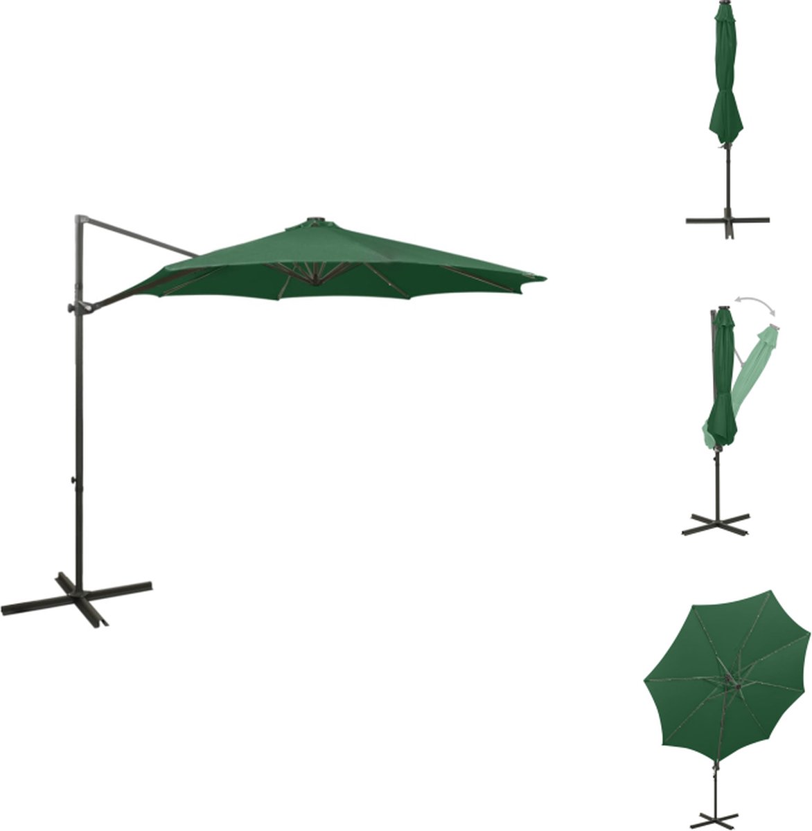 vidaXL Zweefparasol - Zweefparasols - Parasol - Tuinparasol - Zweefparasol met paal en LED-verlichting 300 cm groen (8721032979356)