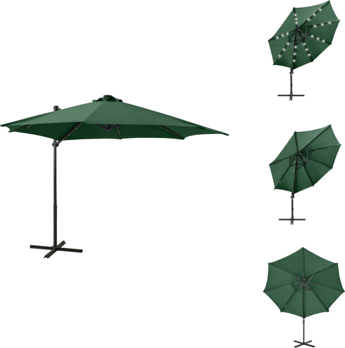 vidaXL Zweefparasol - Zweefparasols - Parasol - Tuinparasol - Zweefparasol met paal en LED-verlichting 300 cm groen (8721032985081)