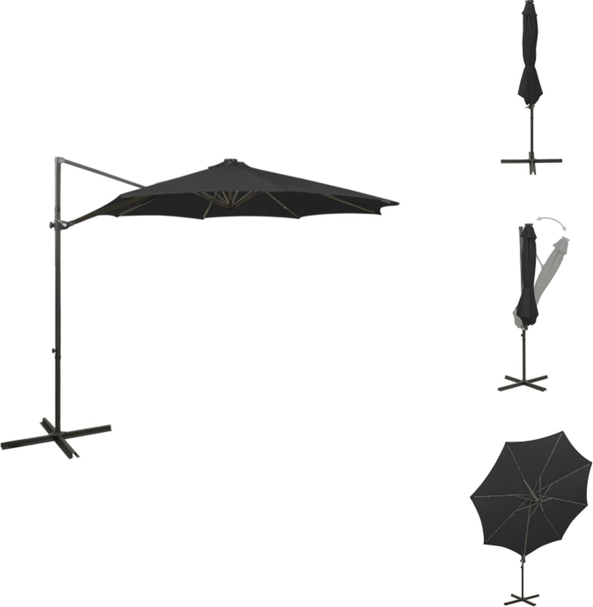 vidaXL Zweefparasol - Zweefparasols - Parasol - Tuinparasol - Zweefparasol met paal en LED-verlichting 300 cm zwart (8721032979578)