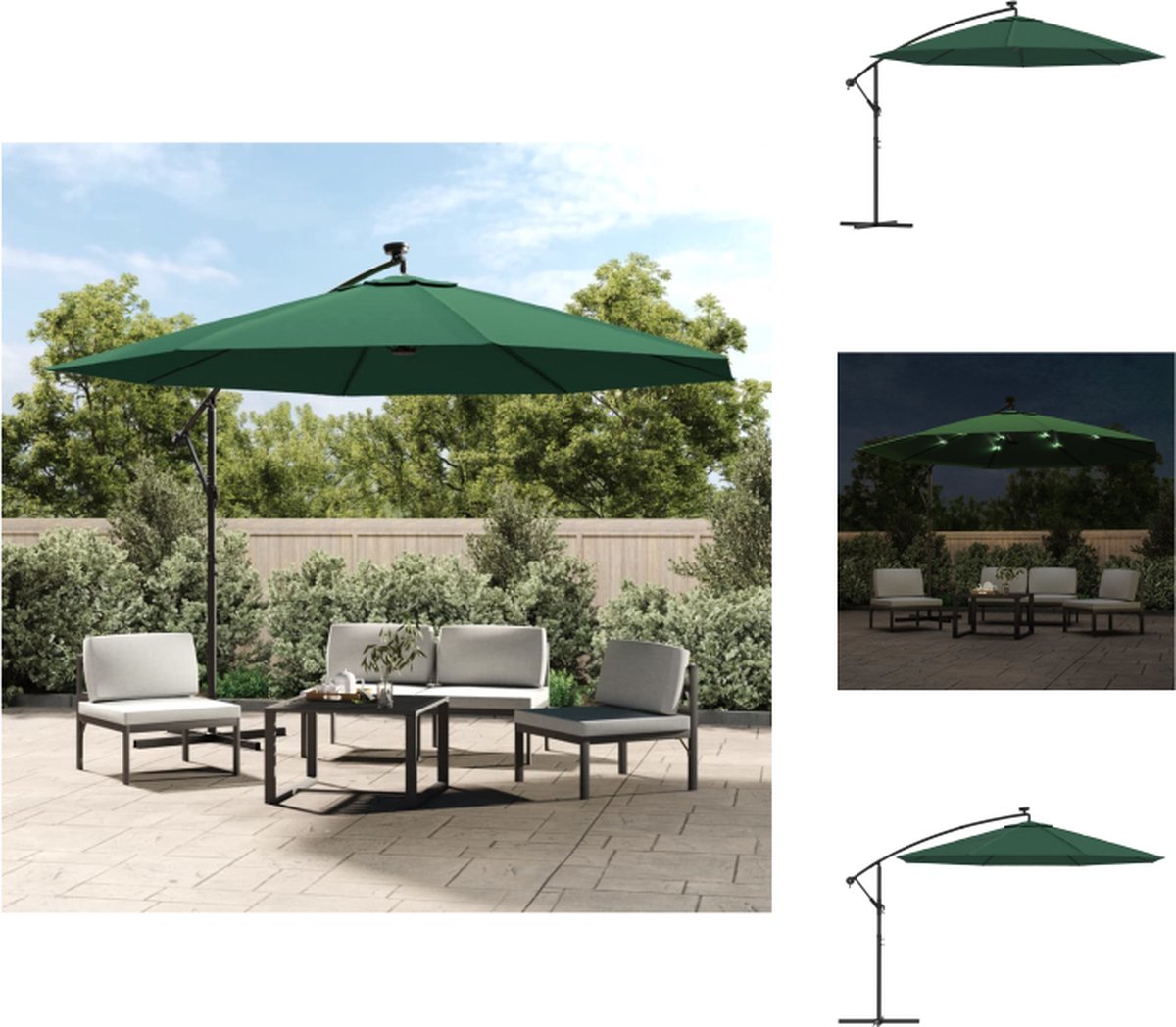 vidaXL Zweefparasol - Zweefparasols - Tuinparasol - Balkon Parasol - Zweefparasol met LED-verlichting en metalen paal 350 cm groen (8721032976270)