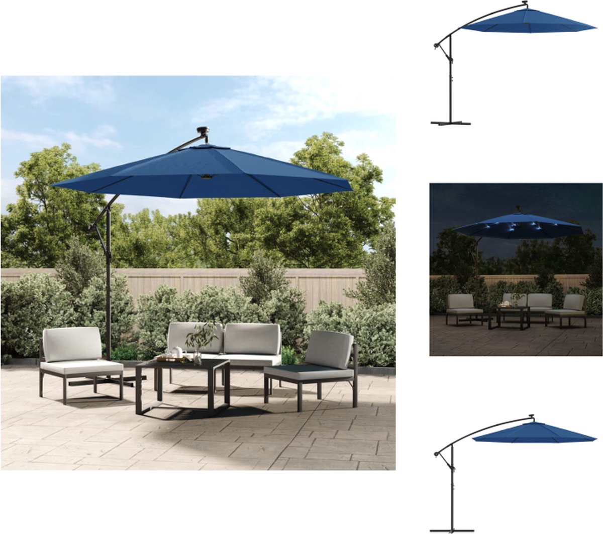 vidaXL Zweefparasol - Zweefparasols - Tuinparasol - Balkon Parasol - Zweefparasol met LED-verlichting en stalen paal 300 cm blauw (8721032998883)