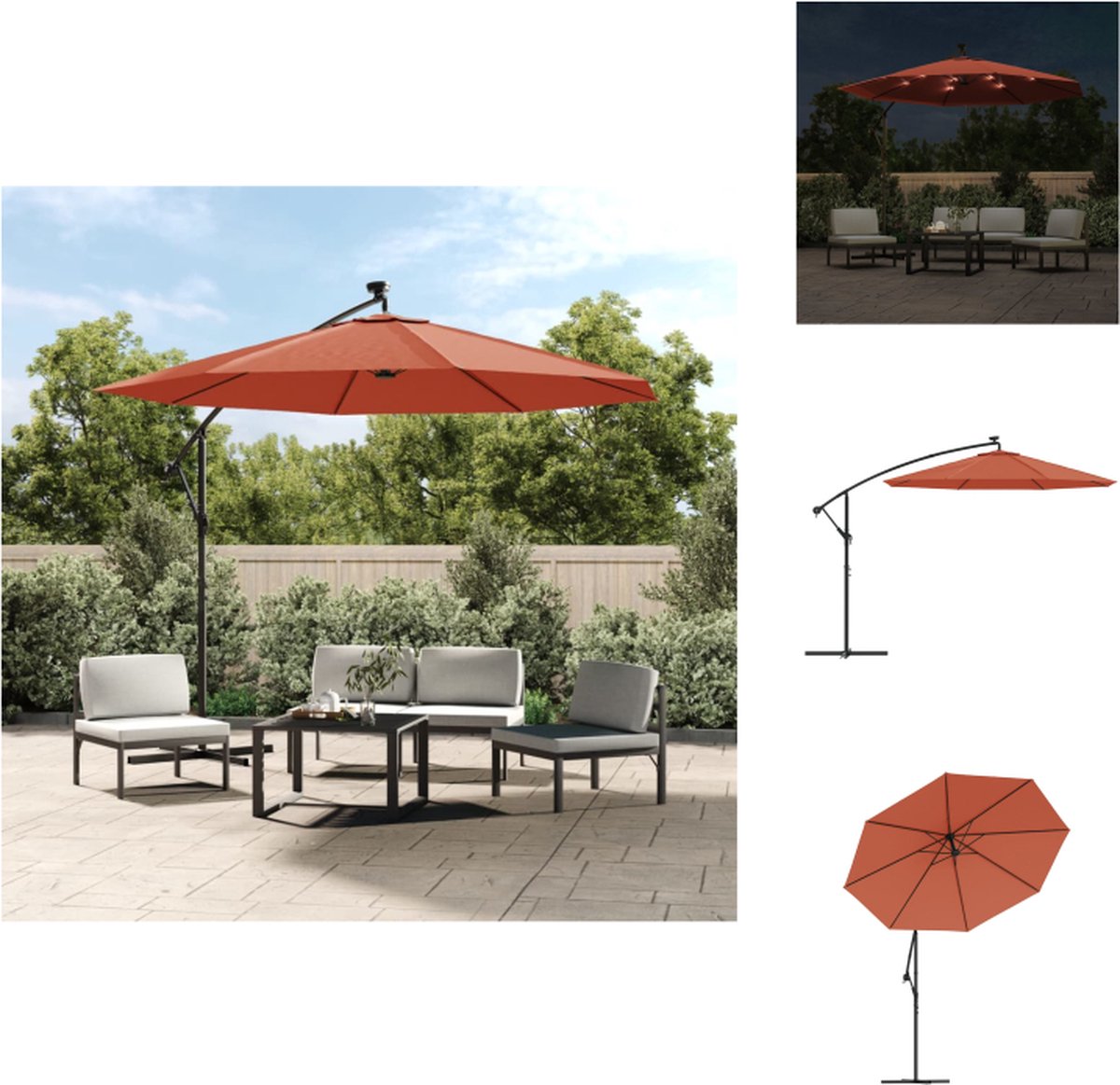 vidaXL Zweefparasol - Zweefparasols - Tuinparasol - Balkon Parasol - Zweefparasol met LED-verlichting en stalen paal terracotta (8721032994328)