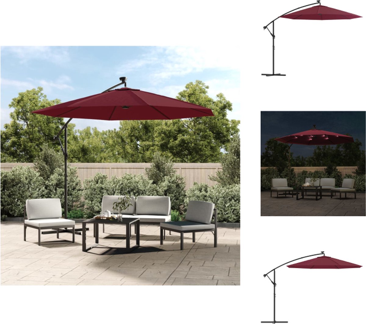 vidaXL Zweefparasol - Zweefparasols - Tuinparasol - Balkon Parasol - Zweefparasol met LED-verlichting en stalen paal wijnrood (8721096023507)