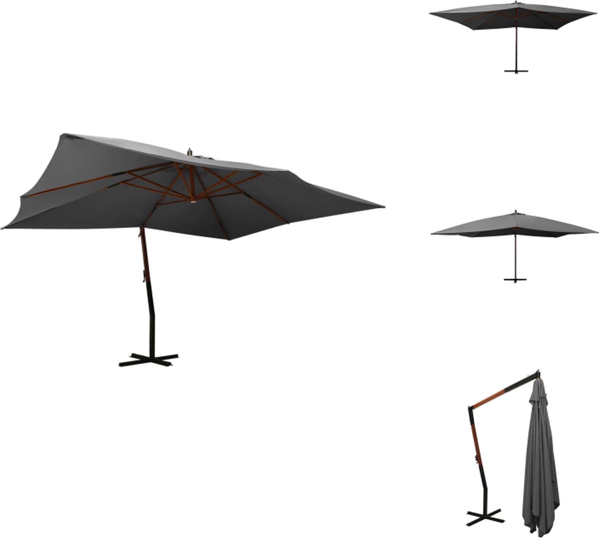 vidaXL Zweefparasol - Zweefparasols - Tuinparasol - Balkon Parasol - Zweefparasol met houten paal 400x300 cm antracietkleurig (8721032984060)