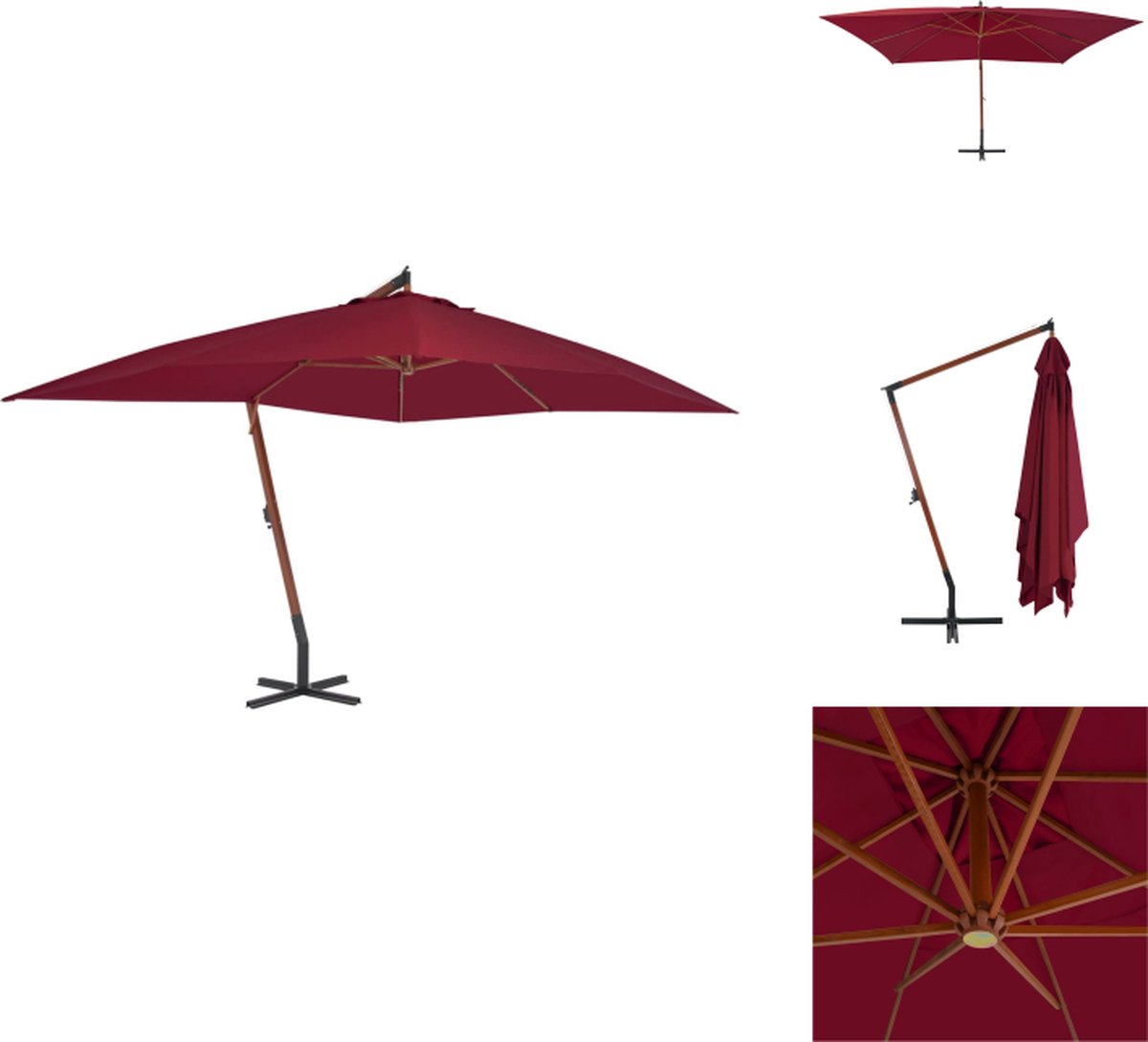 vidaXL Zweefparasol - Zweefparasols - Tuinparasol - Balkon Parasol - Zweefparasol met houten paal 400x300 cm bordeauxrood (8721032992300)