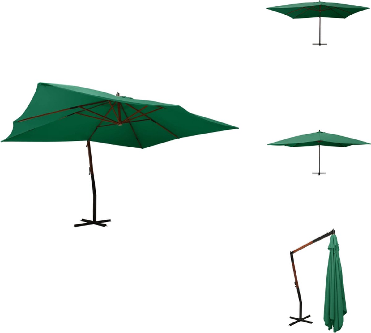 vidaXL Zweefparasol - Zweefparasols - Tuinparasol - Balkon Parasol - Zweefparasol met houten paal 400x300 cm groen (8721032999583)