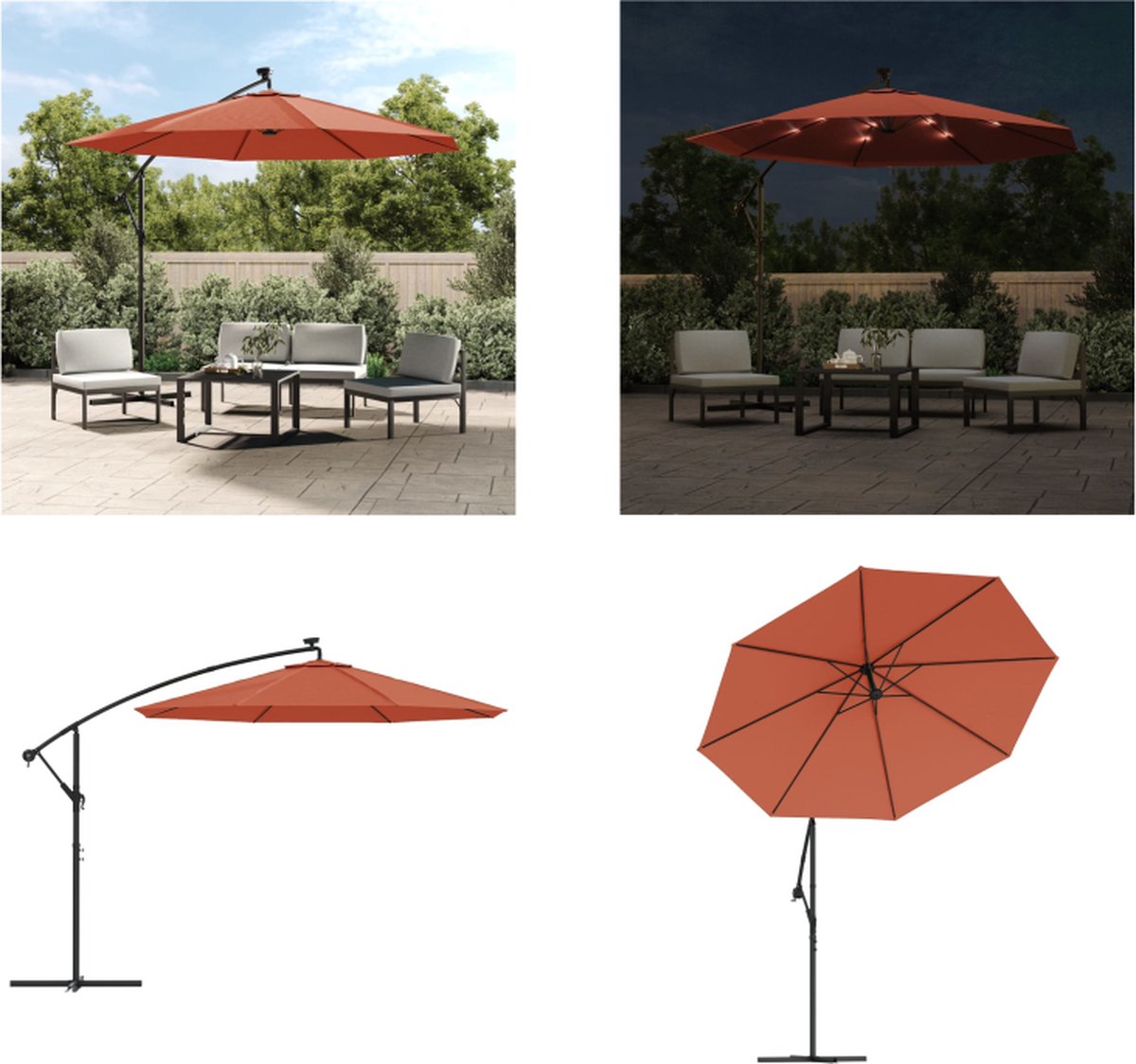 vidaXL Zweefparasol met LED-verlichting en stalen paal terracotta - Zweefparasol - Zweefparasols - Parasol - Parasols (8721115546529)