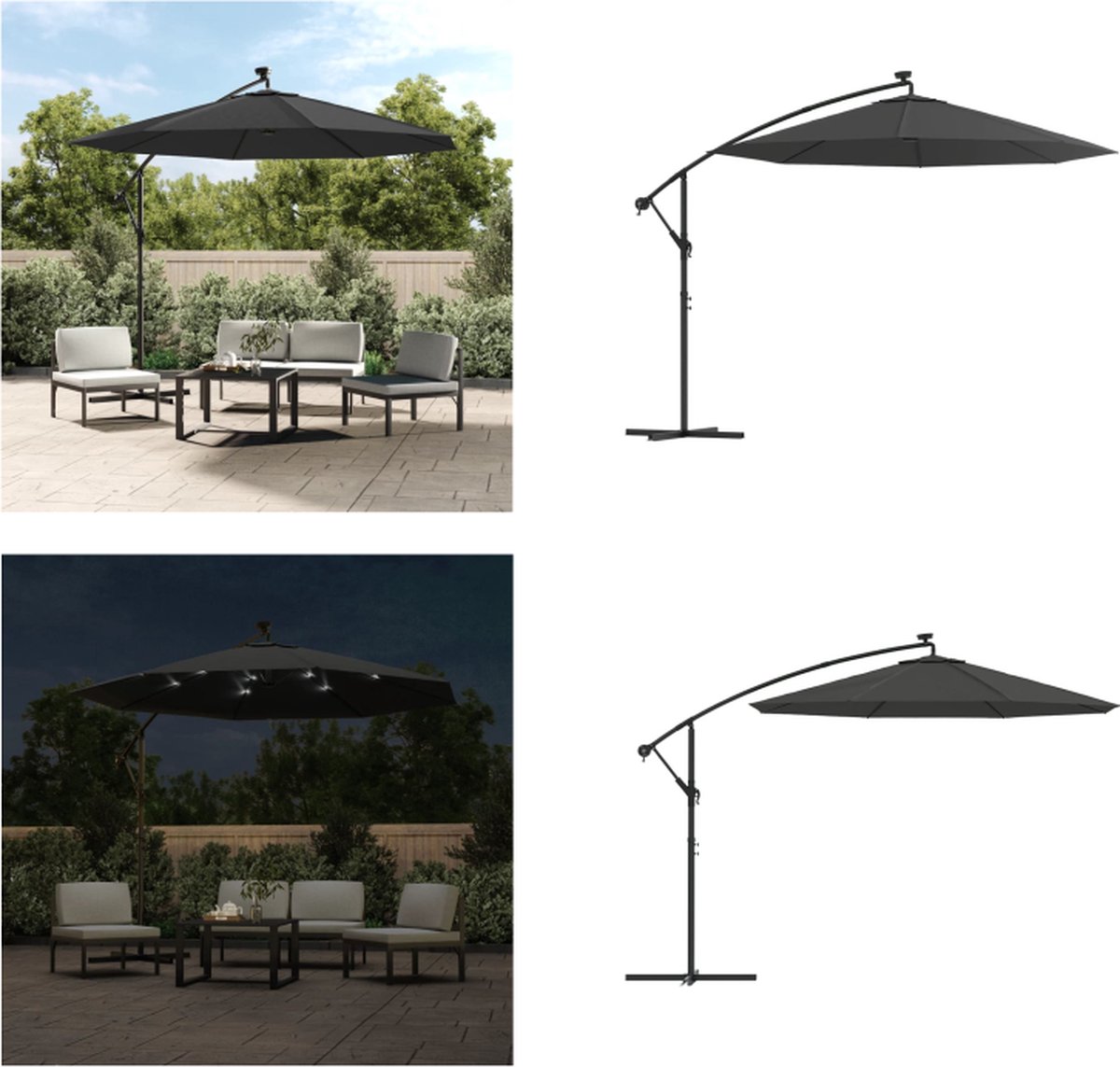 vidaXL Zweefparasol met LED-verlichting stalen paal 300 cm antraciet - Zweefparasol - Zweefparasols - Parasol - Parasols (8721115542484)