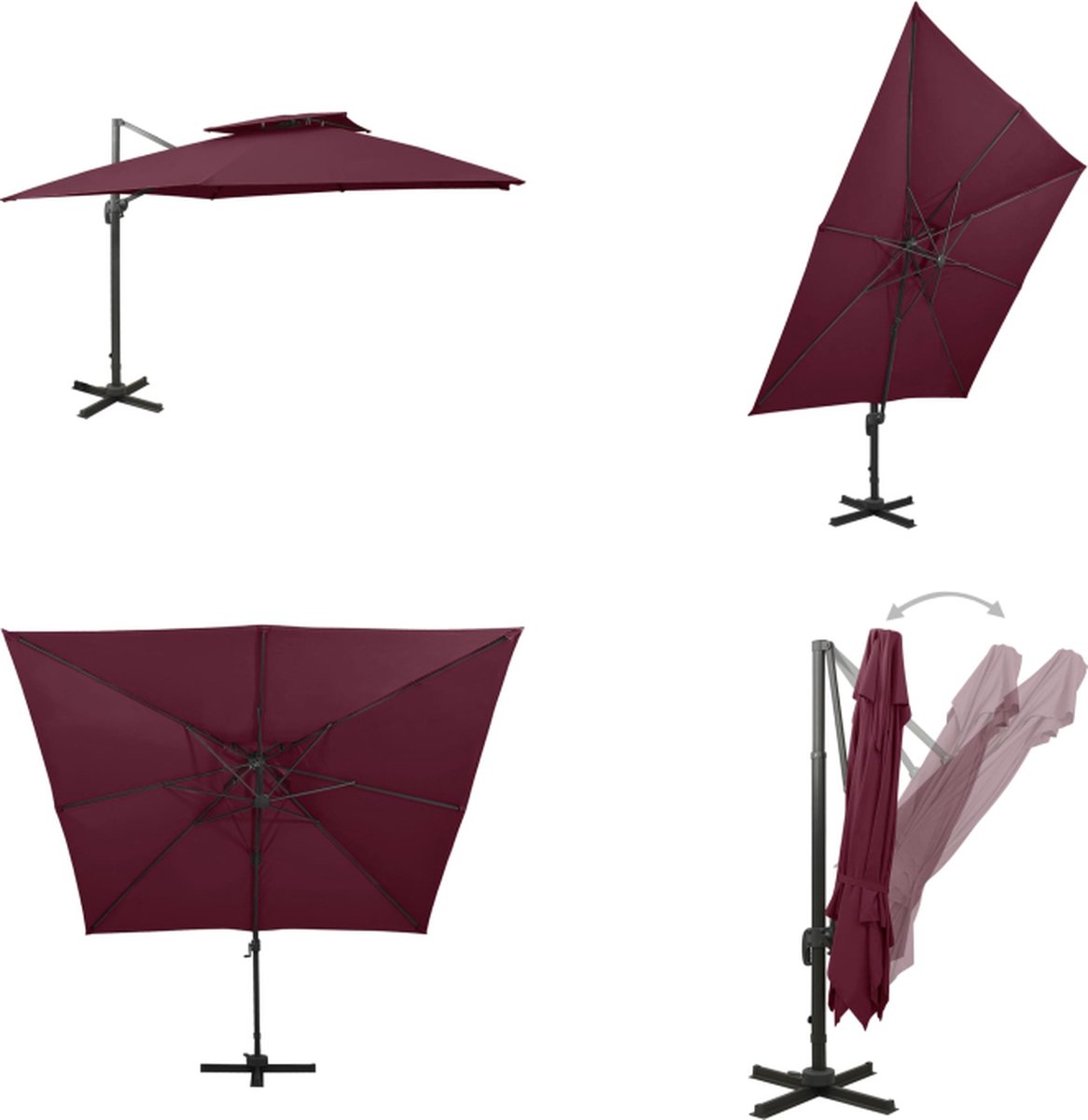 vidaXL Zweefparasol met dubbel dak 300x300 cm bordeauxrood - Zweefparasol - Zweefparasols - Parasol - Parasols (8721115528754)