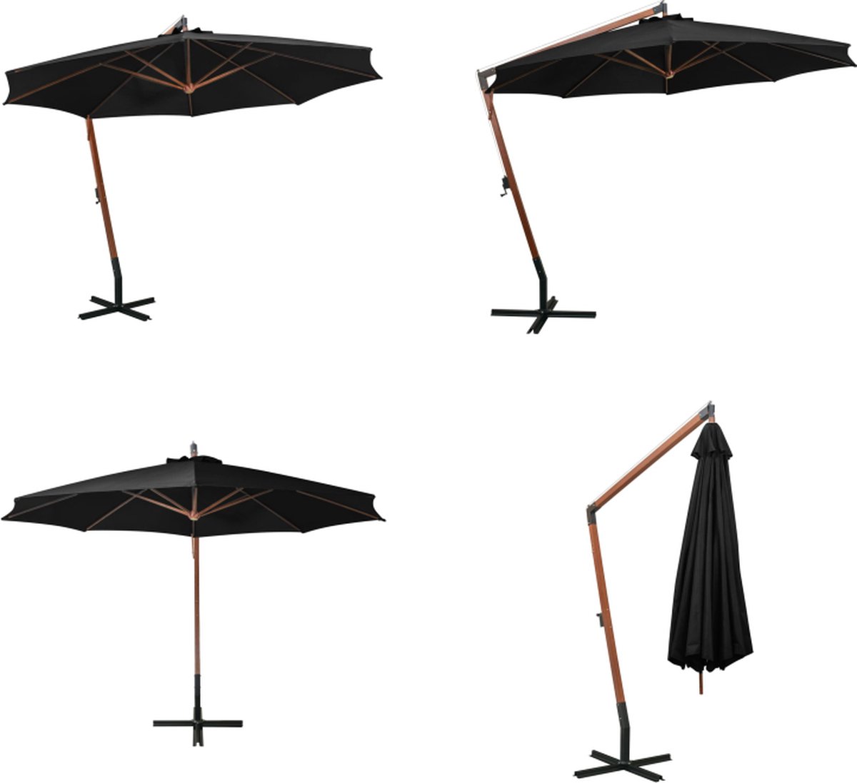 vidaXL Zweefparasol met paal 3-5x2-9 m massief vurenhout zwart - Hangparasol - Hangparasols - Parasol - Parasols (8721115532324)