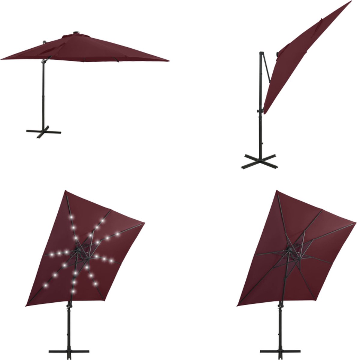 vidaXL Zweefparasol met paal en LED-verlichting 250 cm bordeauxrood - Zweefparasol - Zweefparasols - Parasol - Parasols (8721115543641)