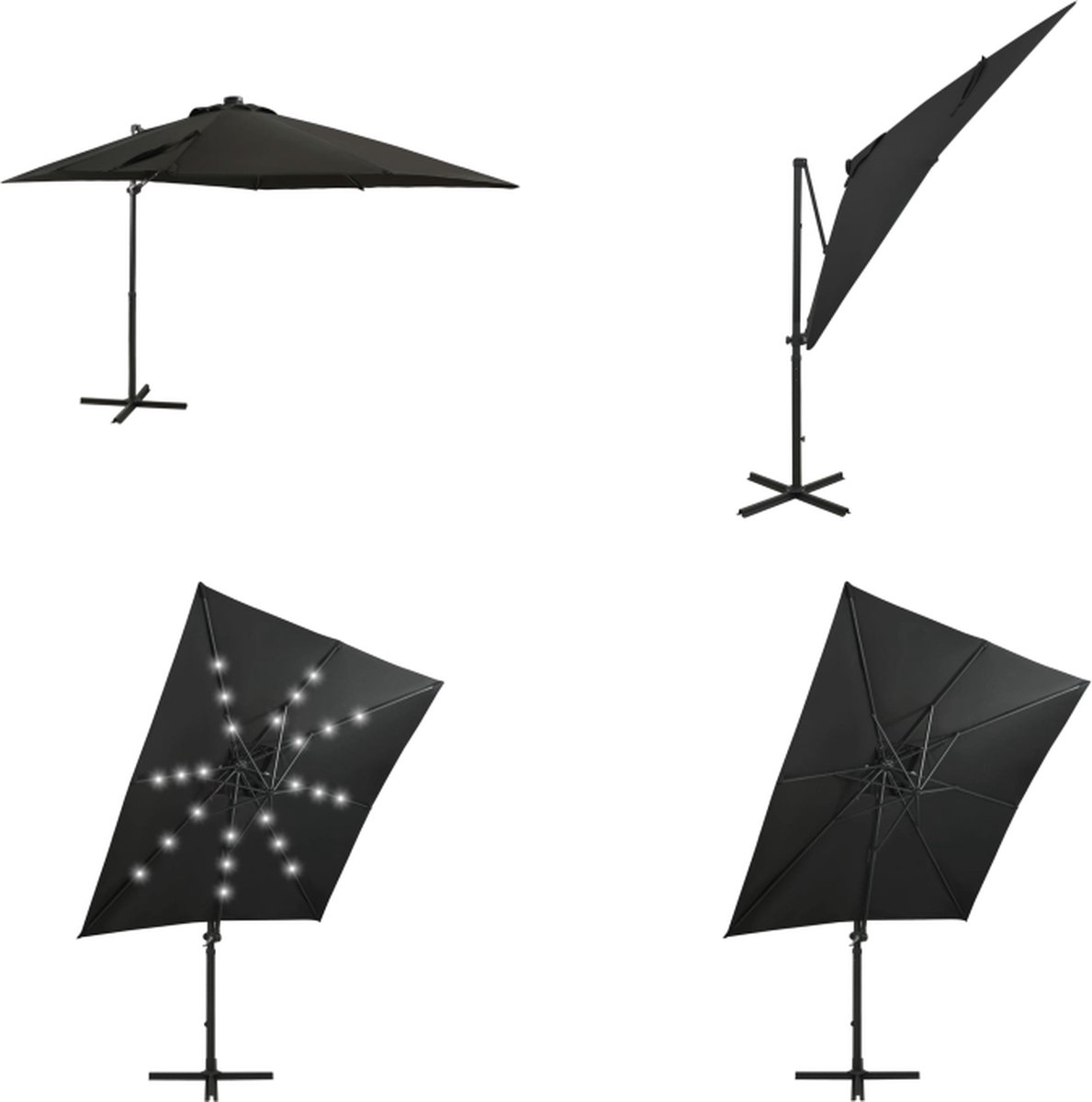 vidaXL Zweefparasol met paal en LED-verlichting 250 cm zwart - Zweefparasol - Zweefparasols - Parasol - Parasols (8721115541524)