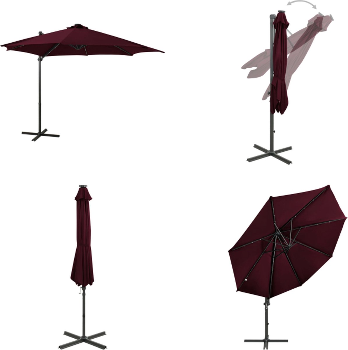 vidaXL Zweefparasol met paal en LED-verlichting 300 cm bordeauxrood - Zweefparasol - Zweefparasols - Parasol - Parasols (8721115535110)