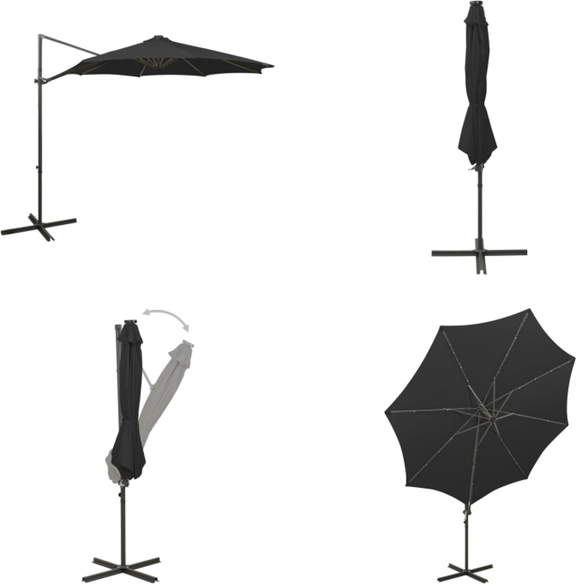 vidaXL Zweefparasol met paal en LED-verlichting 300 cm zwart - Zweefparasol - Zweefparasols - Parasol - Parasols (8721115527467)