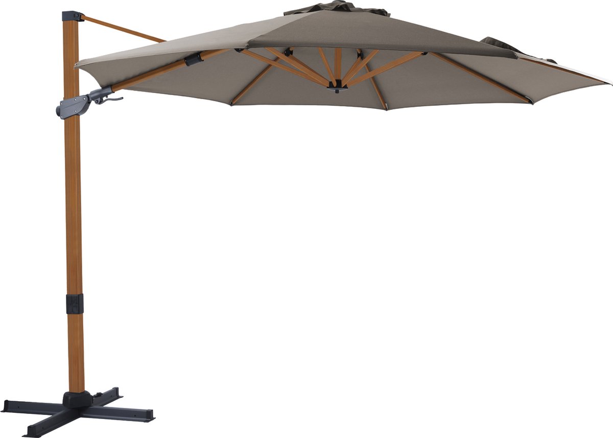 AXI Cyrus Premium Zweefparasol ⌀ 300cm Houtlook/taupe - Gepoedercoat aluminium frame met kruisvoet - 360° Draaibaar - Kantelbaar - UV werend doek (8720365063688)