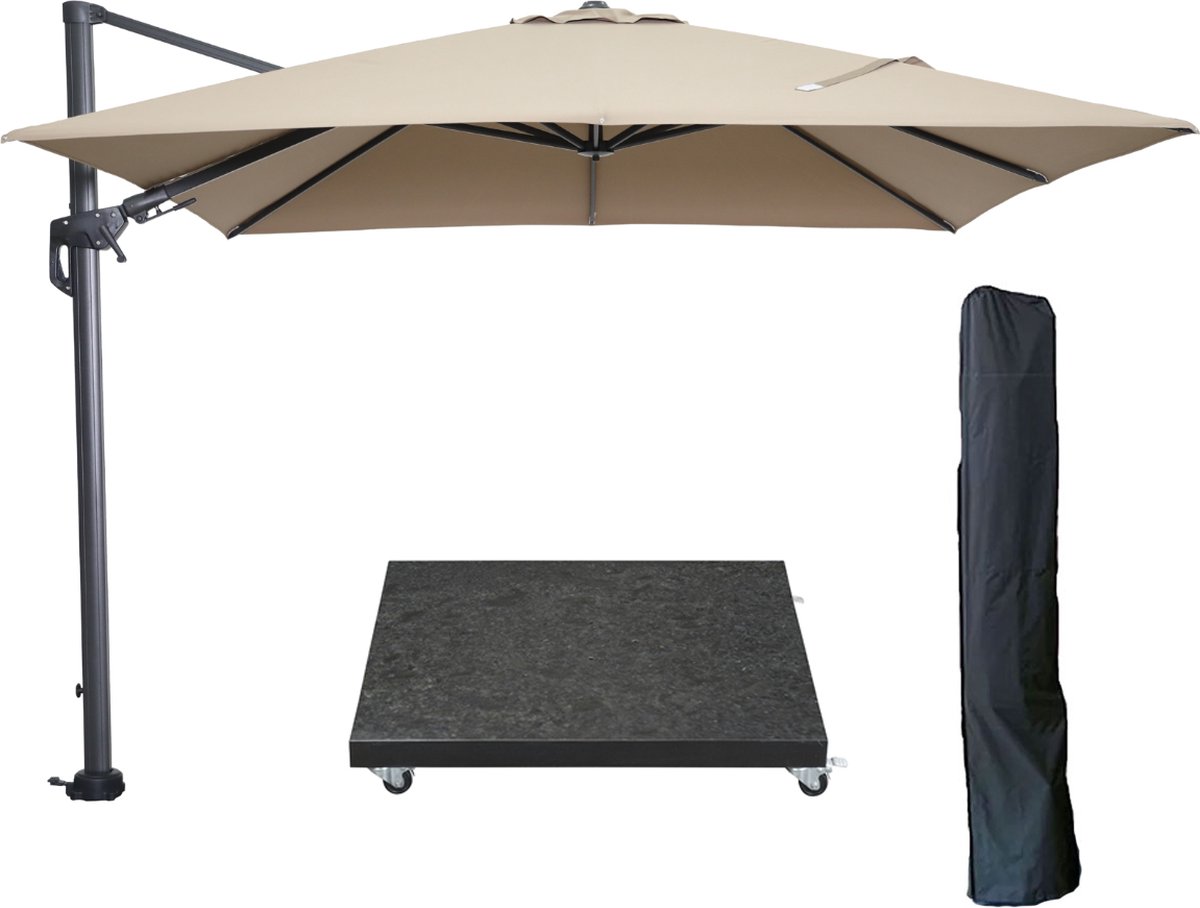 Garden Impressions Hawaii zweefparasol 300x300 cm carbon black / taupe met 90kg royal antraciet parasolvoet en parasolhoes (6097126041066)