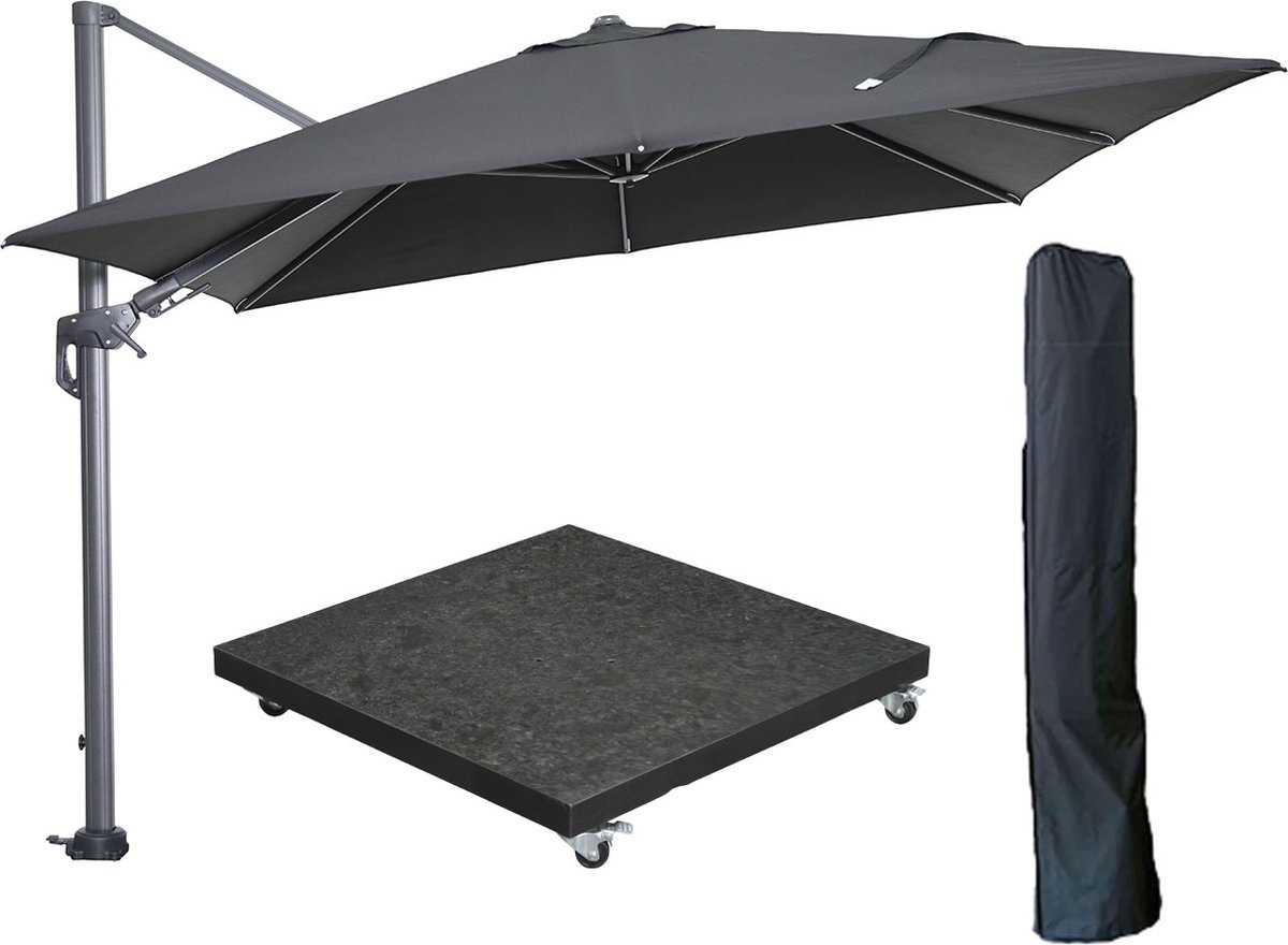 Garden Impressions Hawaii zweefparasol 300x300 cm carbon black / zwart met 90kg royal antraciet parasolvoet en parasolhoes (6097101654632)