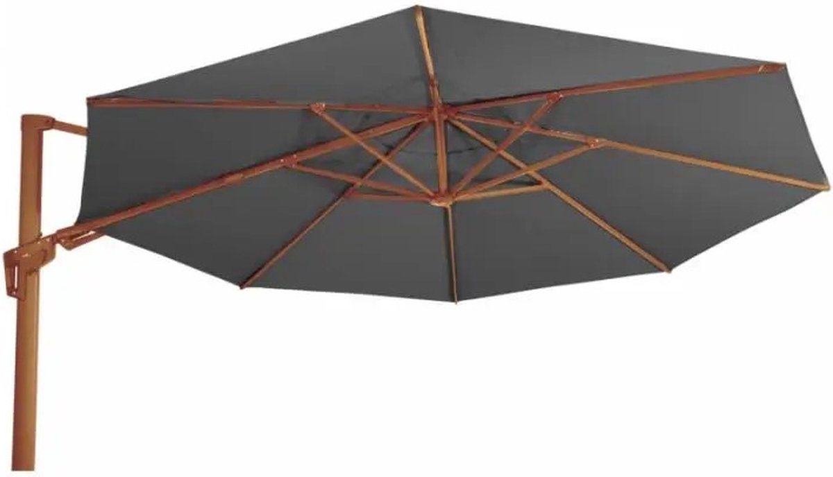 Grote Zweefparasol VirgoFlex Houtlook Grijs 3,5m met Kruisvoet en Parasolvoettegel (7863388728217)