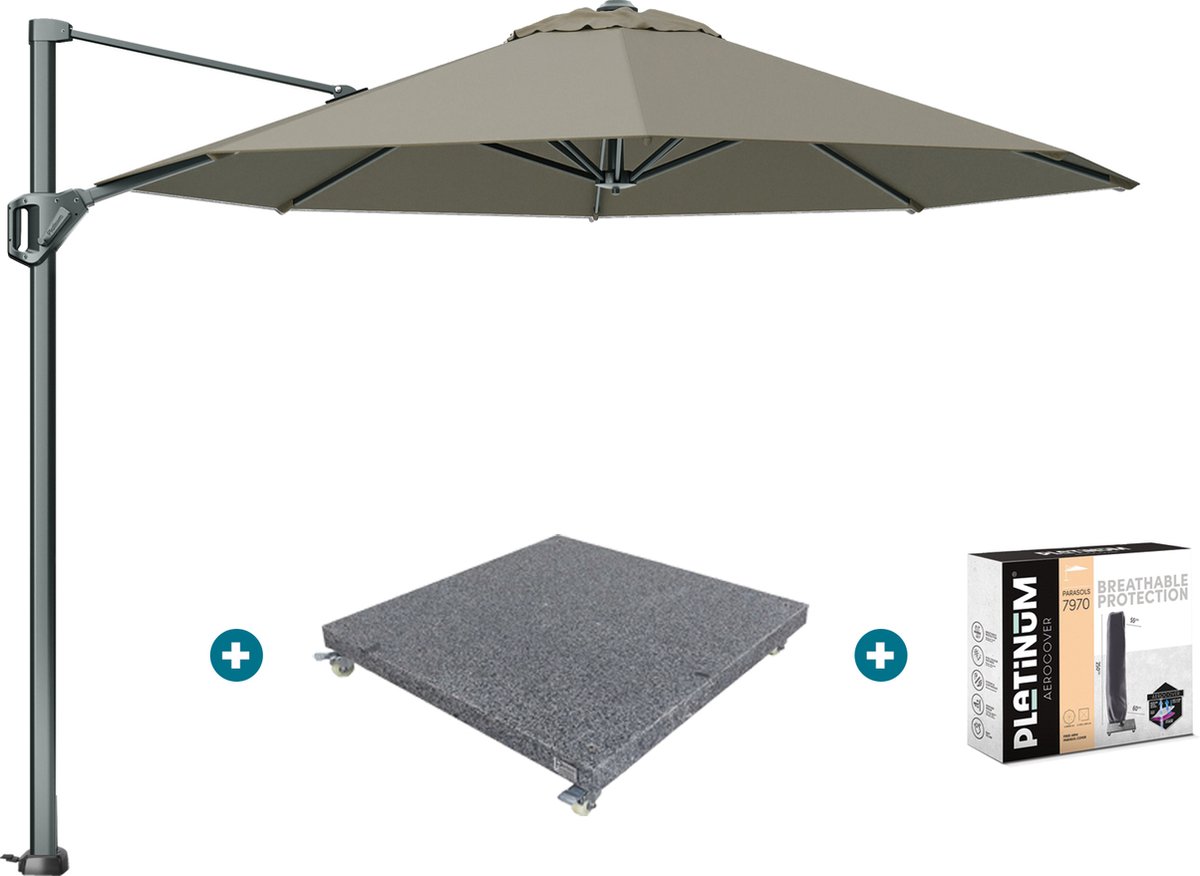 Platinum Voyager ronde zweefparasol T1 3 m. - Taupe met voet en hoes (7435107498468)