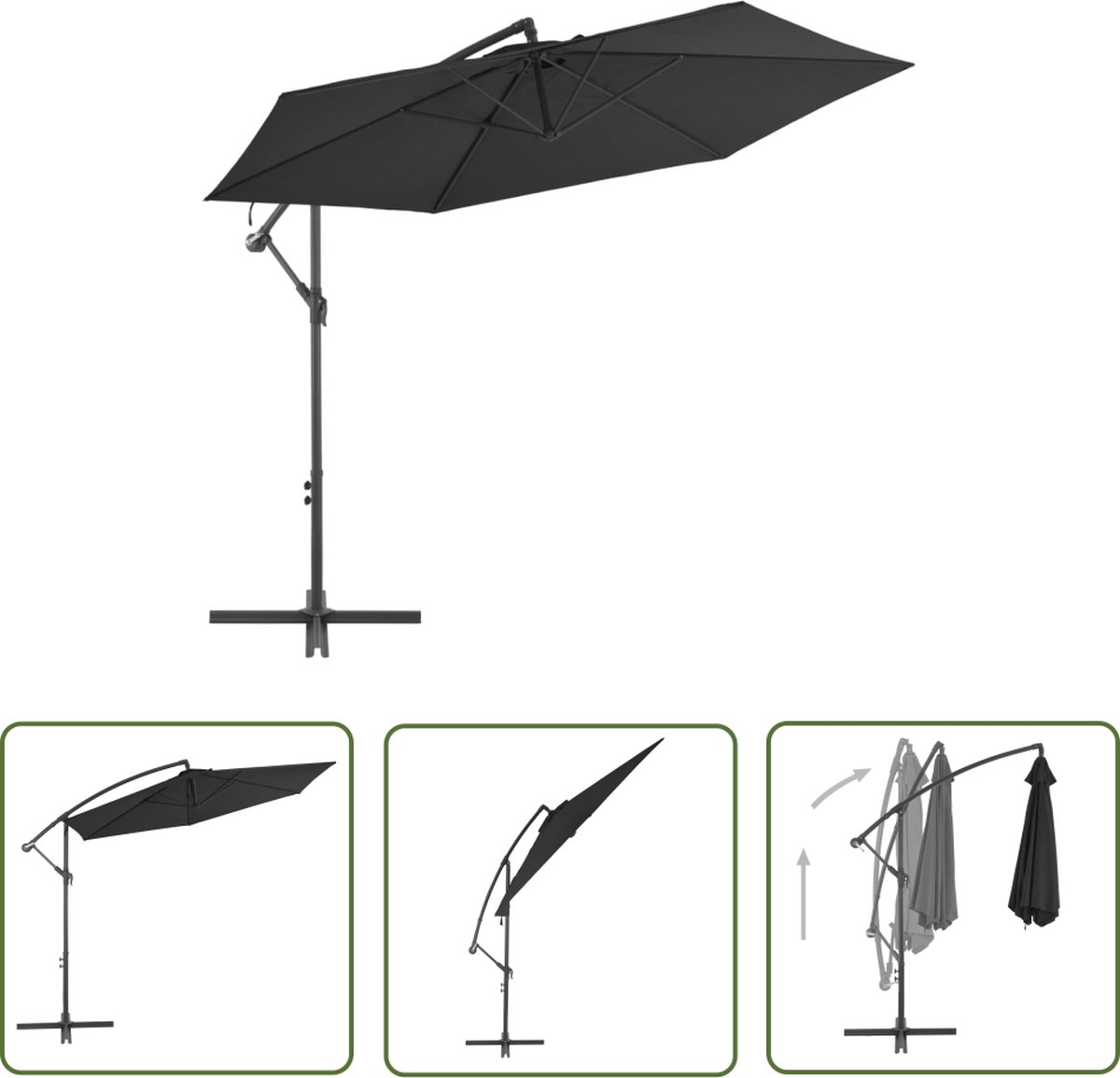 The Living Store Hangende Parasol - Deluxe - 300 x 244 cm - Zwart Hangende Parasol - Zweefparasol - Parasol Zwarte Kleur - Zonwering Tuindecoratie - Buitenleven (8721031273035)